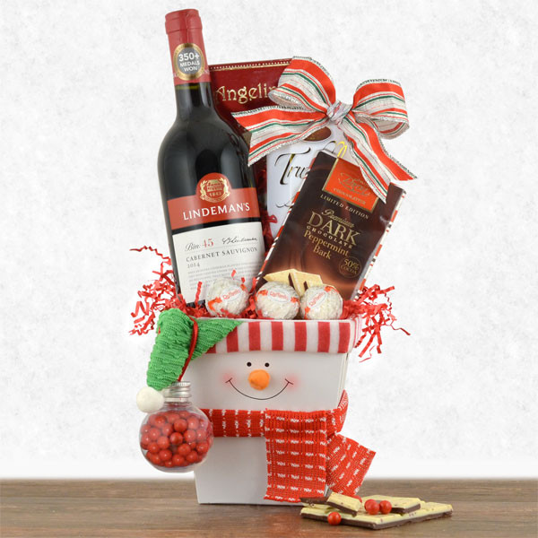 Happy Snowman Holiday Gift Box with Red Wine