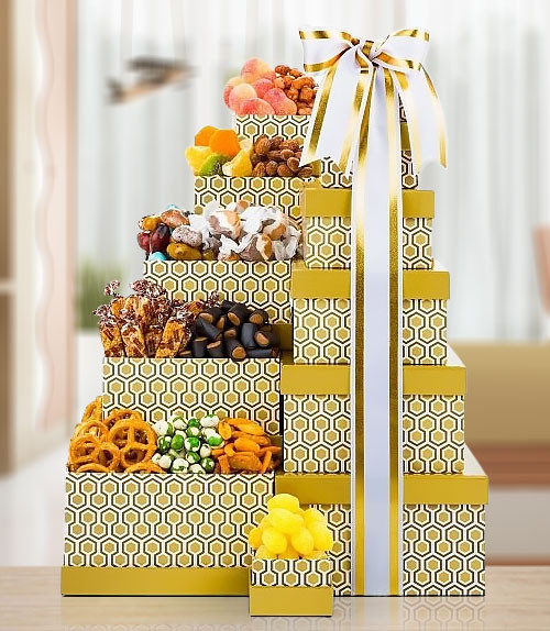 Adorable Gold Gift Tower of Sweet Surprises