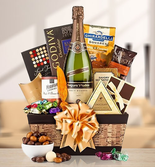 Champagne, Godiva, Ghirardelli & Sweets Gift Basket