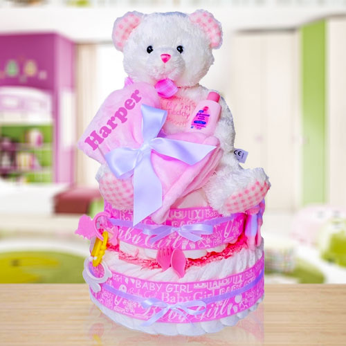 Baby Girl's First Teddy Two Tier Diaper Cake