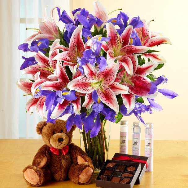Flowers, Bear, Chocolates & Lavender Spa Romantic Gift Set